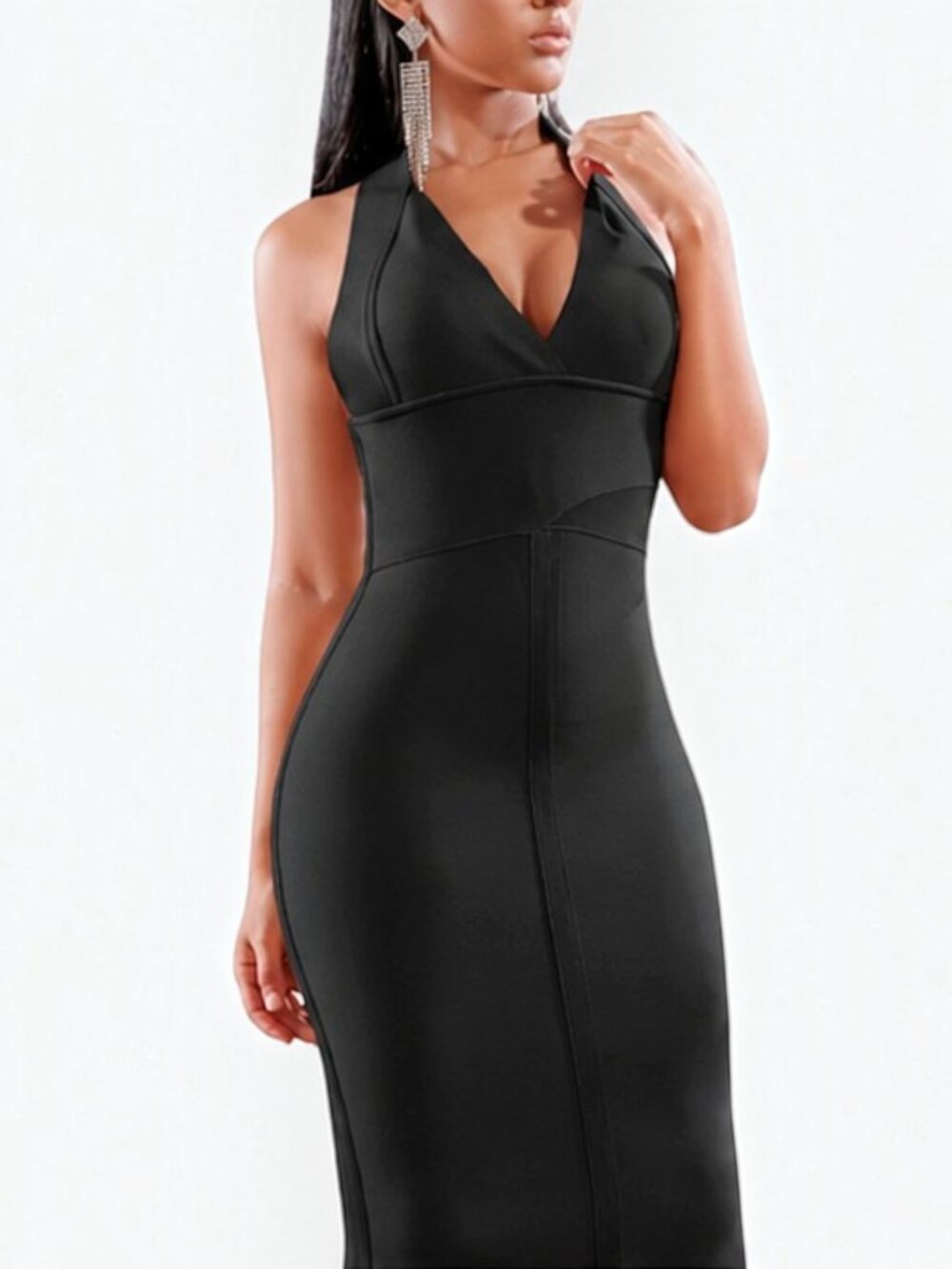 Black Halter Bandage Midi Dress | Deep V Open Back Bodycon | Size M - Picture 3 of 7